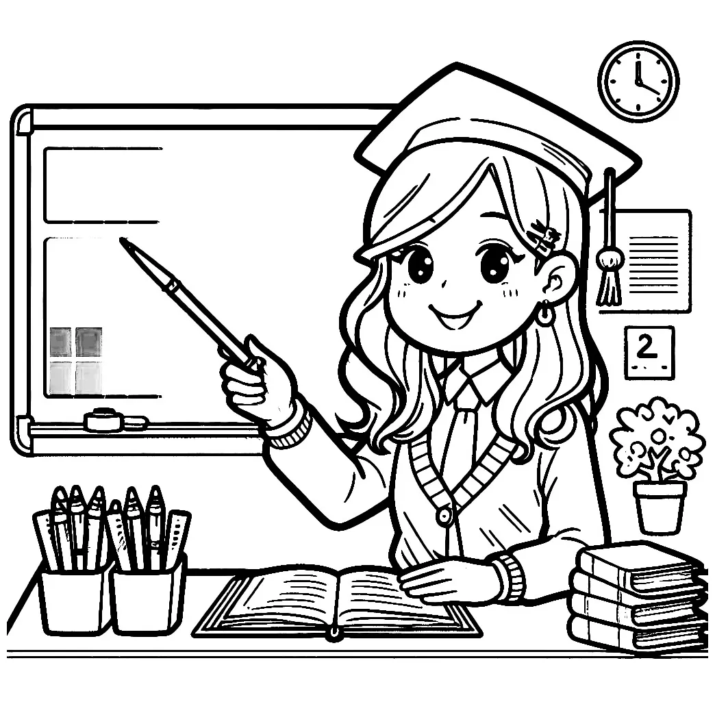 Teacher pointing at blackboard ️👩‍🏫📚 coloring page