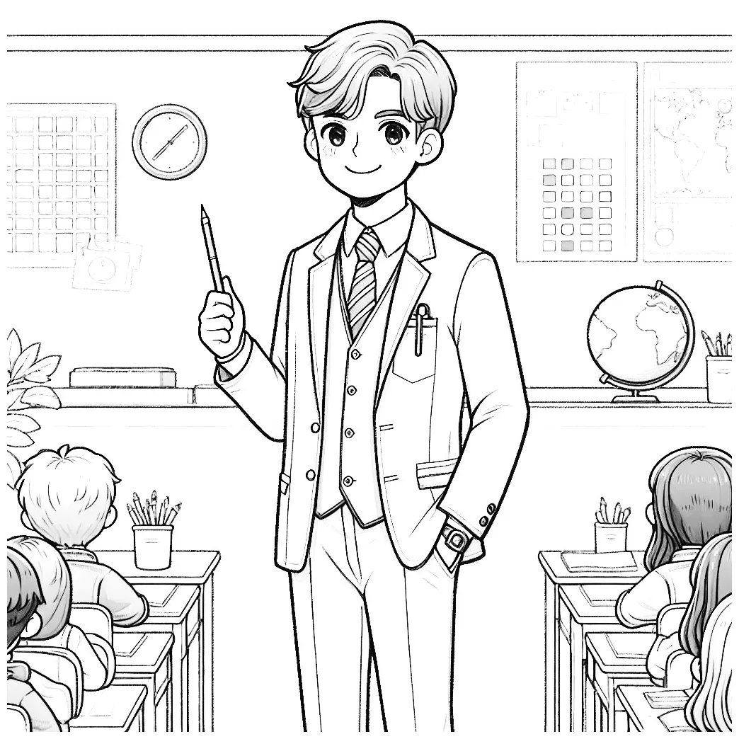 Teacher standing in classroom with kids pointing at blackboard 📝👨‍🏫👦👧 ️