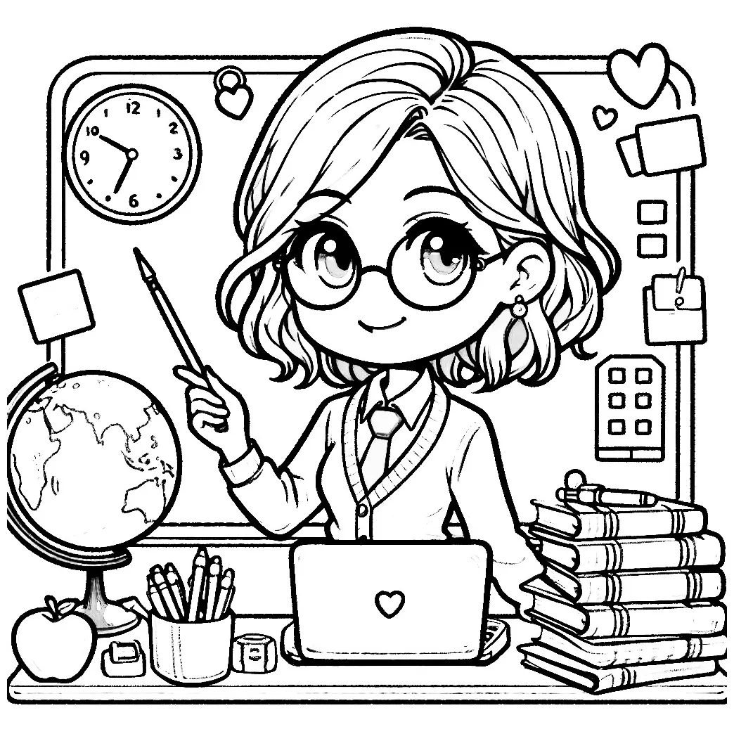 Teacher pointing with pencil at board ️🍎⏰🌍📚 coloring page