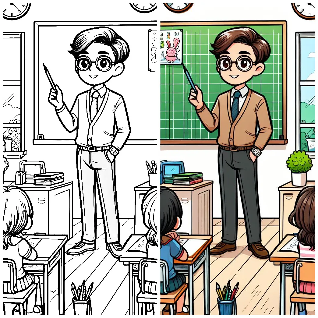 Teacher in classroom pointing at blackboard with one hand in pocket 🏫👩