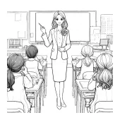 Teacher in classroom pointing at blackboard with one hand in pocket 🏫👩