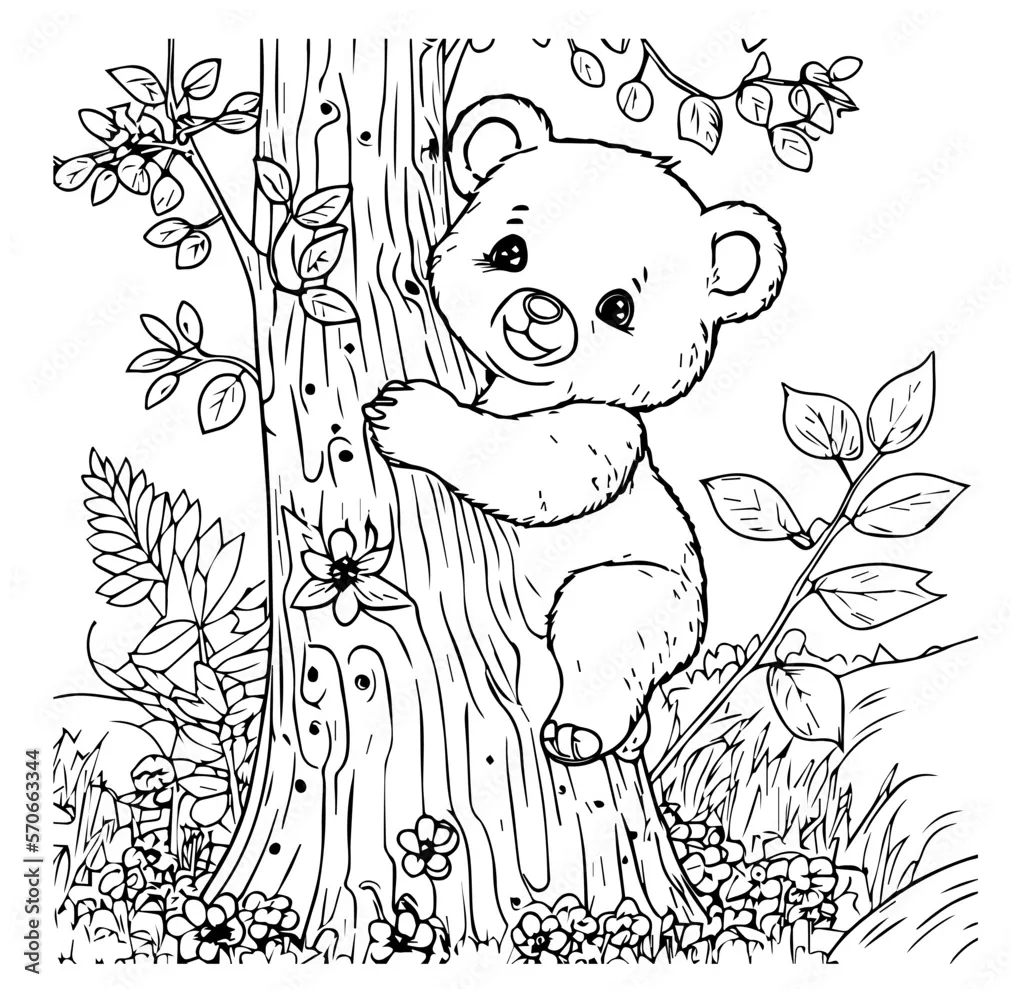 Cartoon teddy bear hugging a tree on a white for coloring