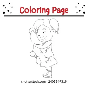 Coloring page little girl hugging teddy stock vector