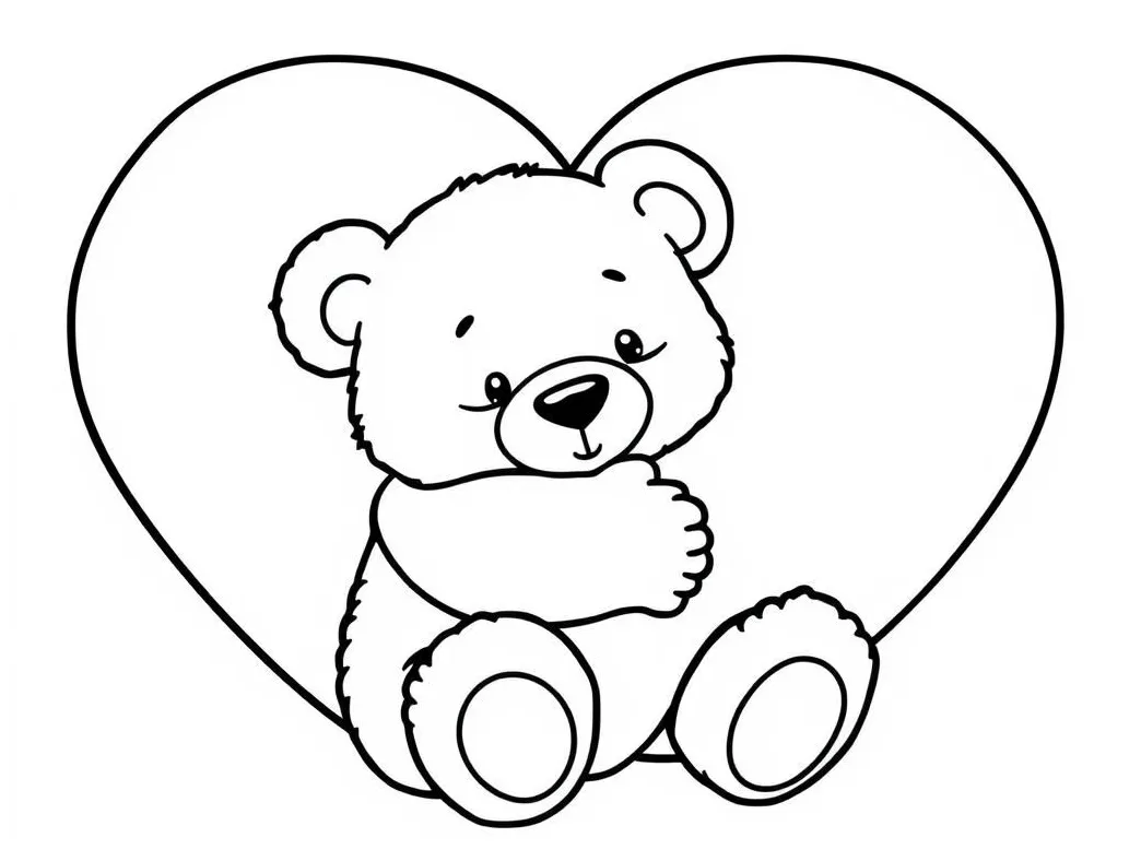 Cute teddy bear coloring page featuring the bear hugging a giant heart