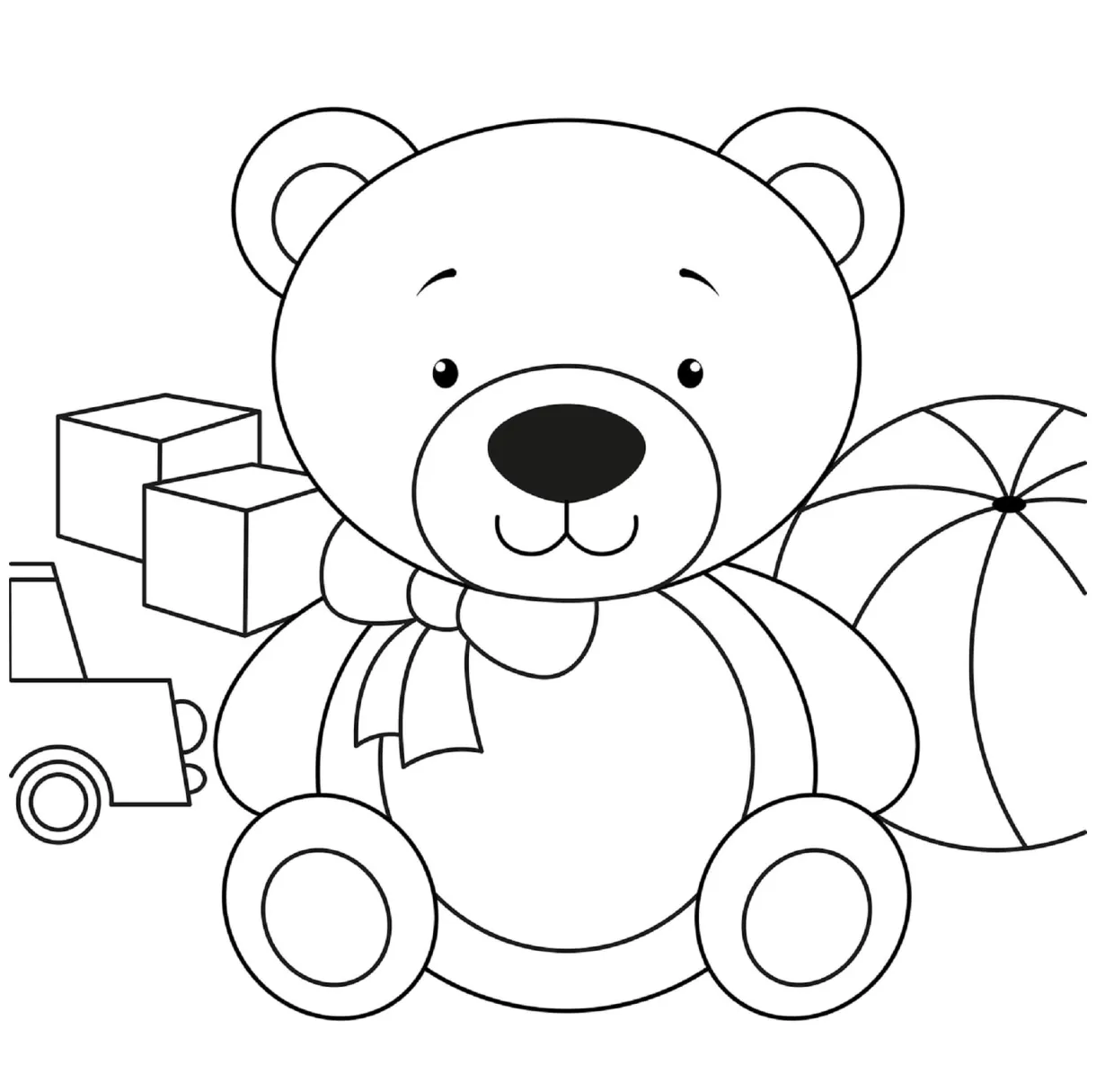 Teddy bear with toys coloring page download, print or color online