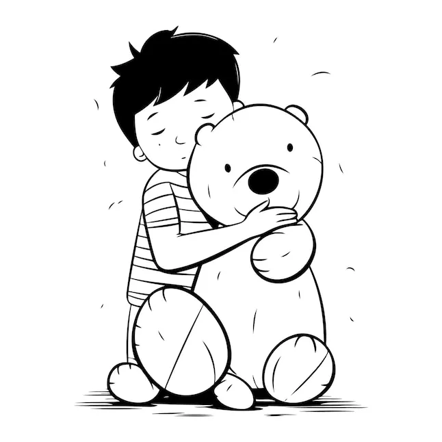 Premium vector illustration of a boy hugging a teddy bear coloring book