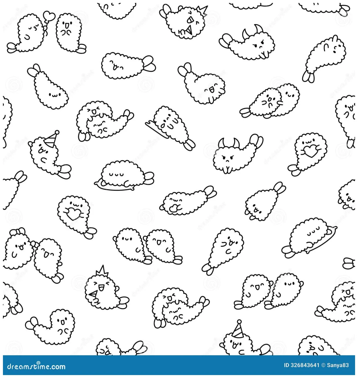 Funny tempura shrimp characters. coloring page stock vector
