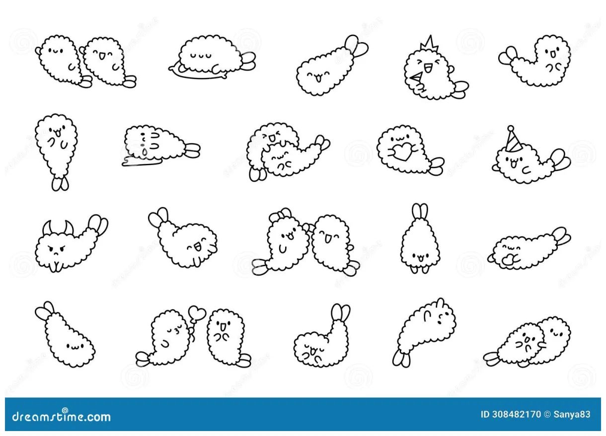 Funny tempura shrimp characters. coloring page stock vector