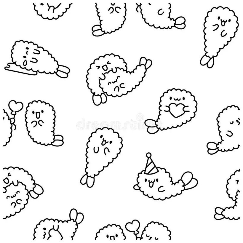 Funny tempura shrimp characters. coloring page stock vector