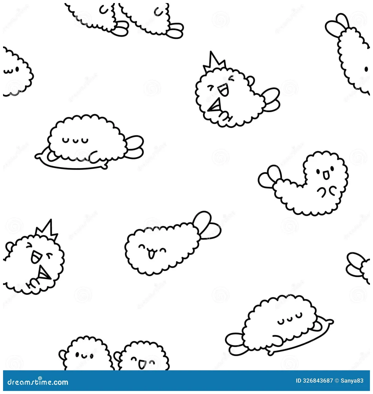 Funny tempura shrimp characters. coloring page stock vector