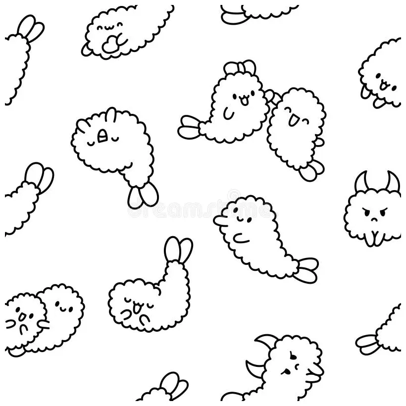 Funny tempura shrimp characters. coloring page stock vector