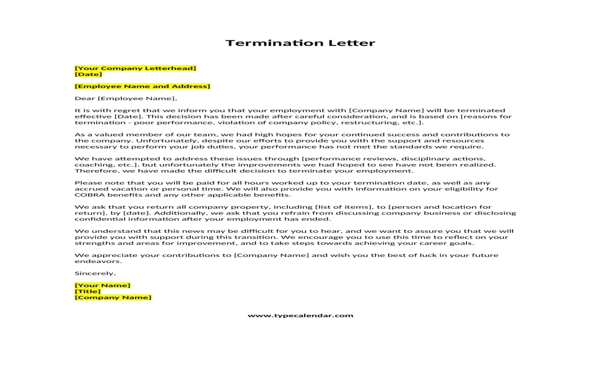 Free printable termination letter templates [word, pdf] employee