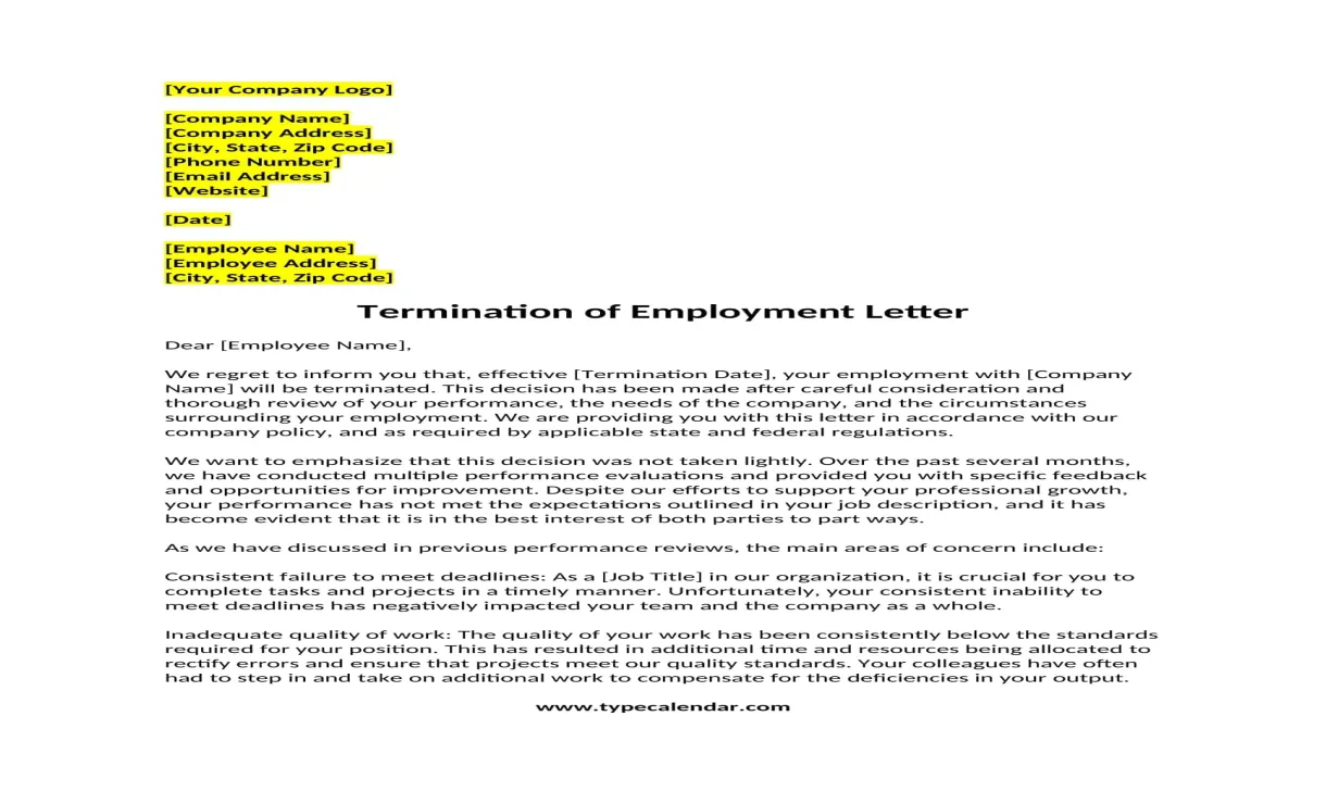 Free printable termination letter templates [word, pdf] employee