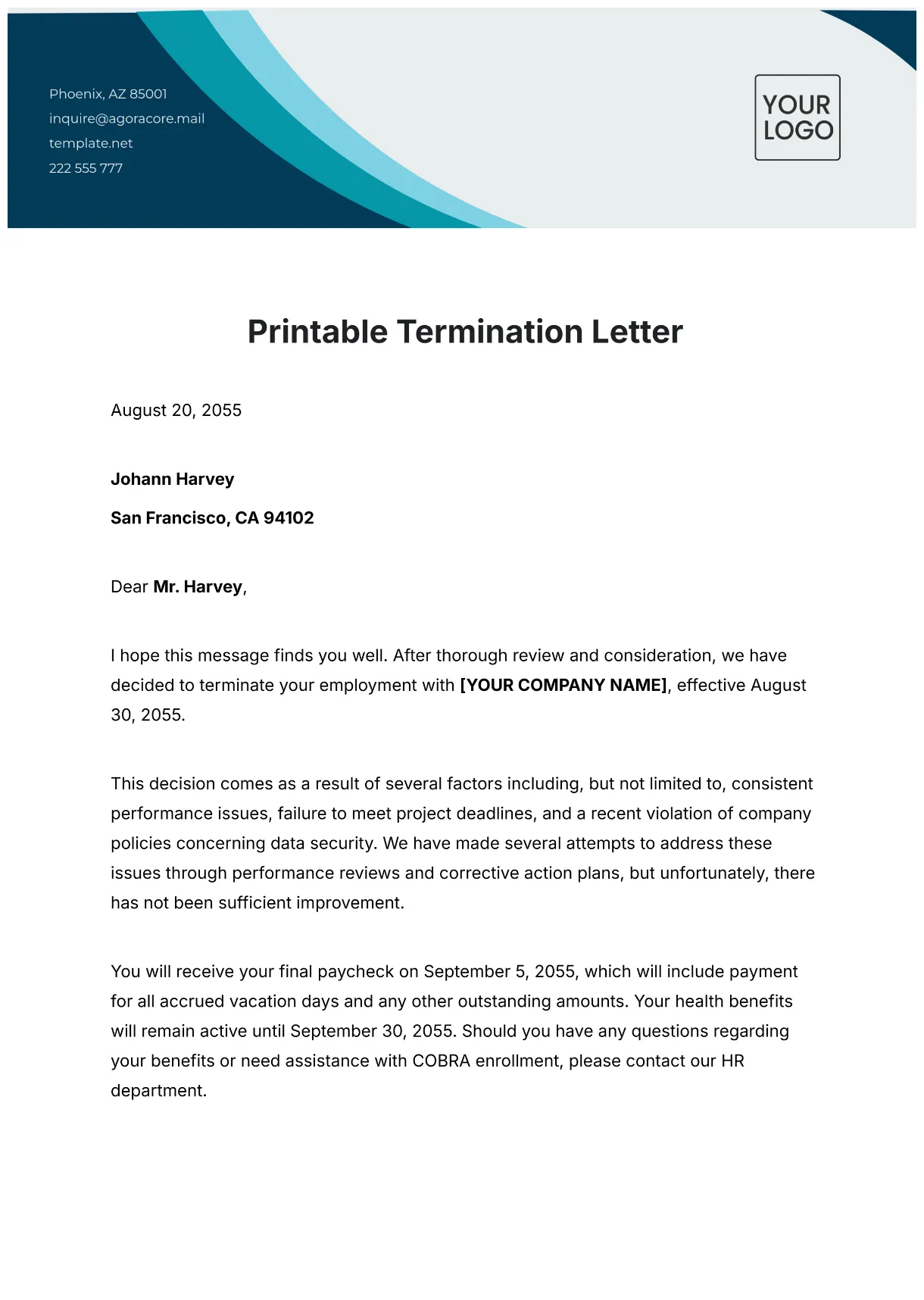Free printable termination letter template to edit online