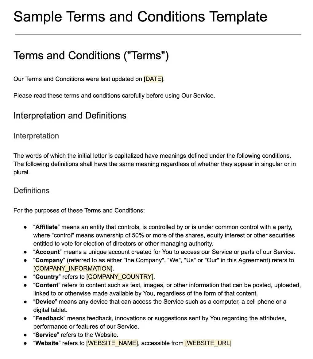Sample terms & conditions template termsfeed