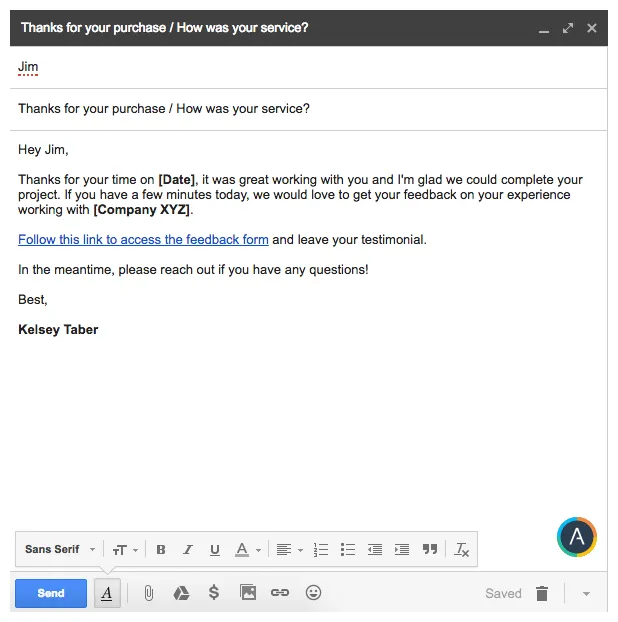 Testimonial email template