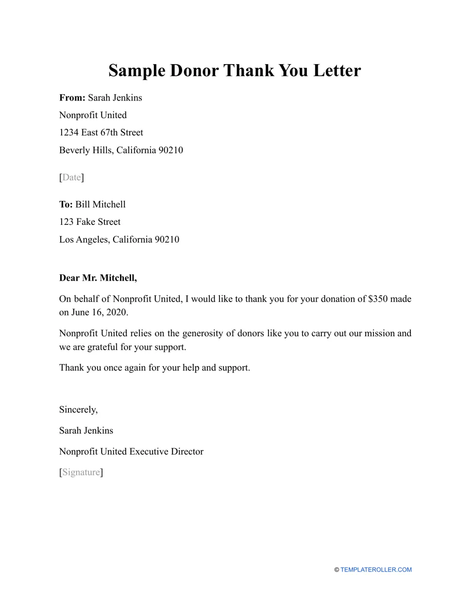 Sample donor thank you letter download printable pdf templateroller