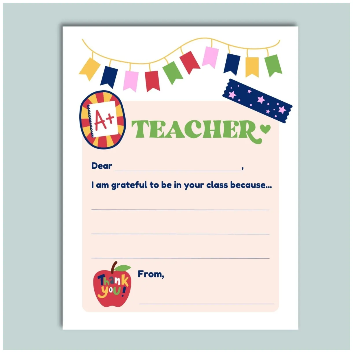 Thank You Teacher Letter - Printable Instant Download – The Note House