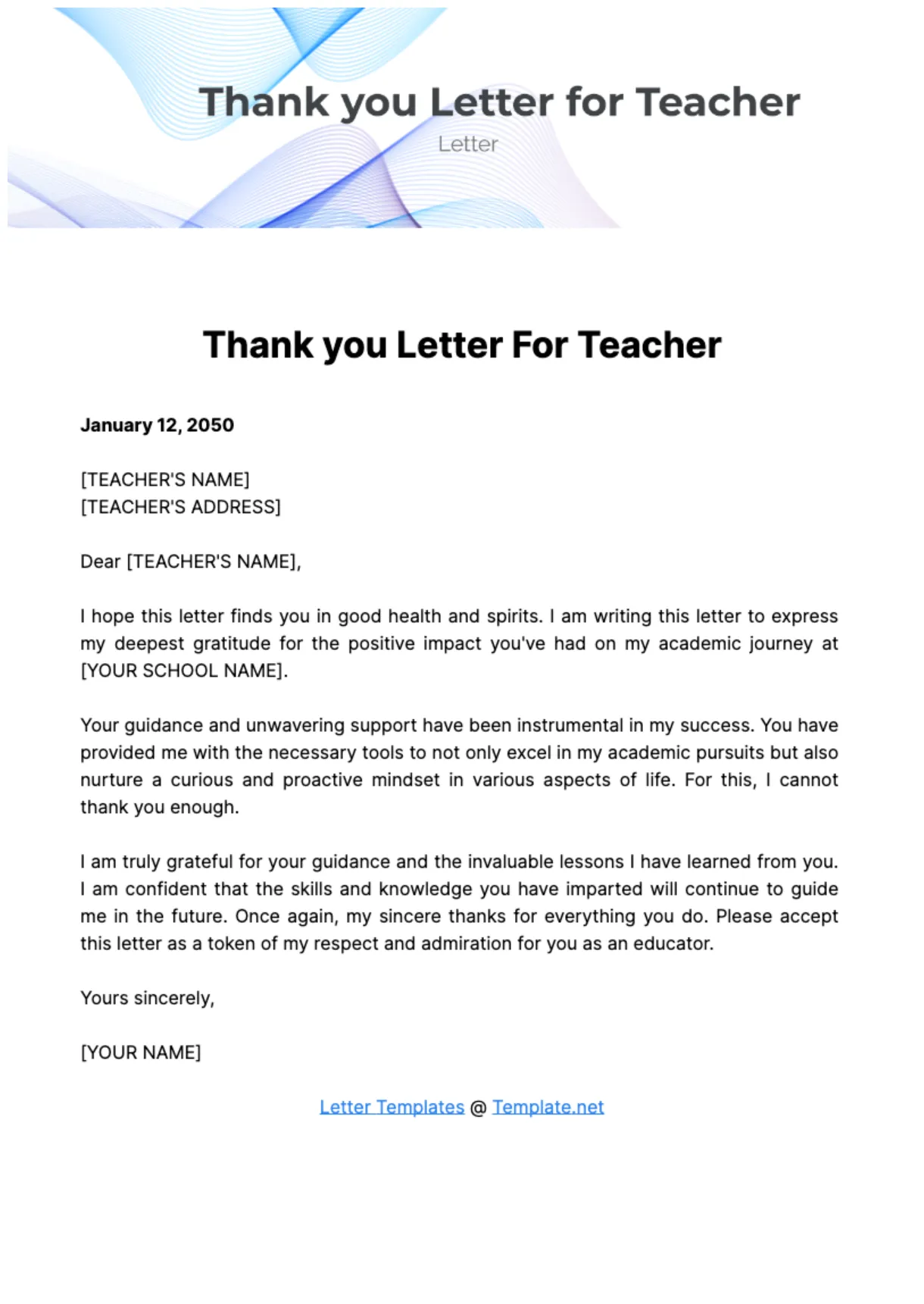Thank you Letter for Teacher Template - Edit Online & Download Example