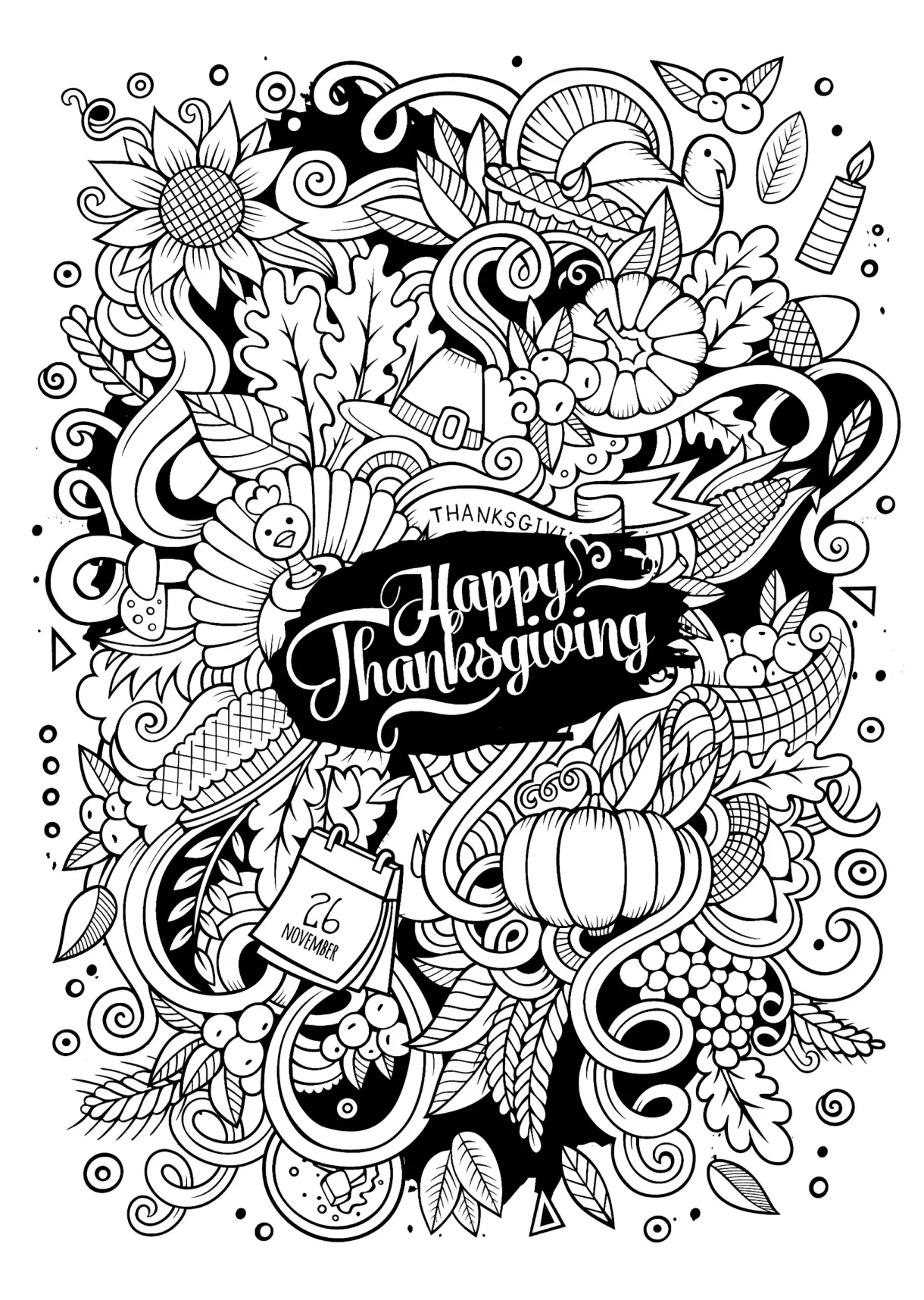 A “doodle” style coloring page for thanksgiving thanksgiving coloring