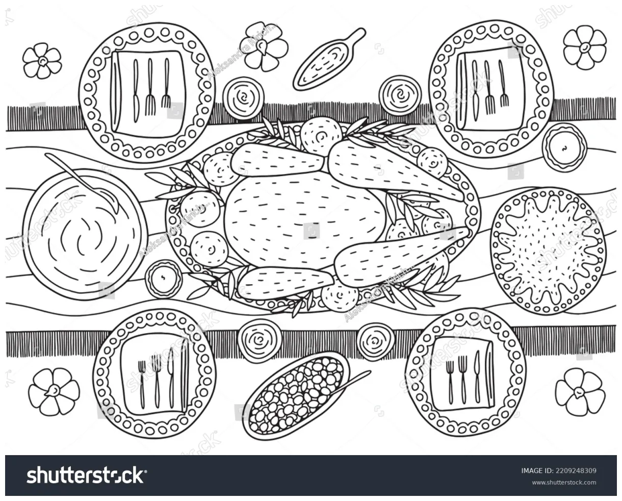 Coloring page thanksgiving turkey dinner table stock vector royalty