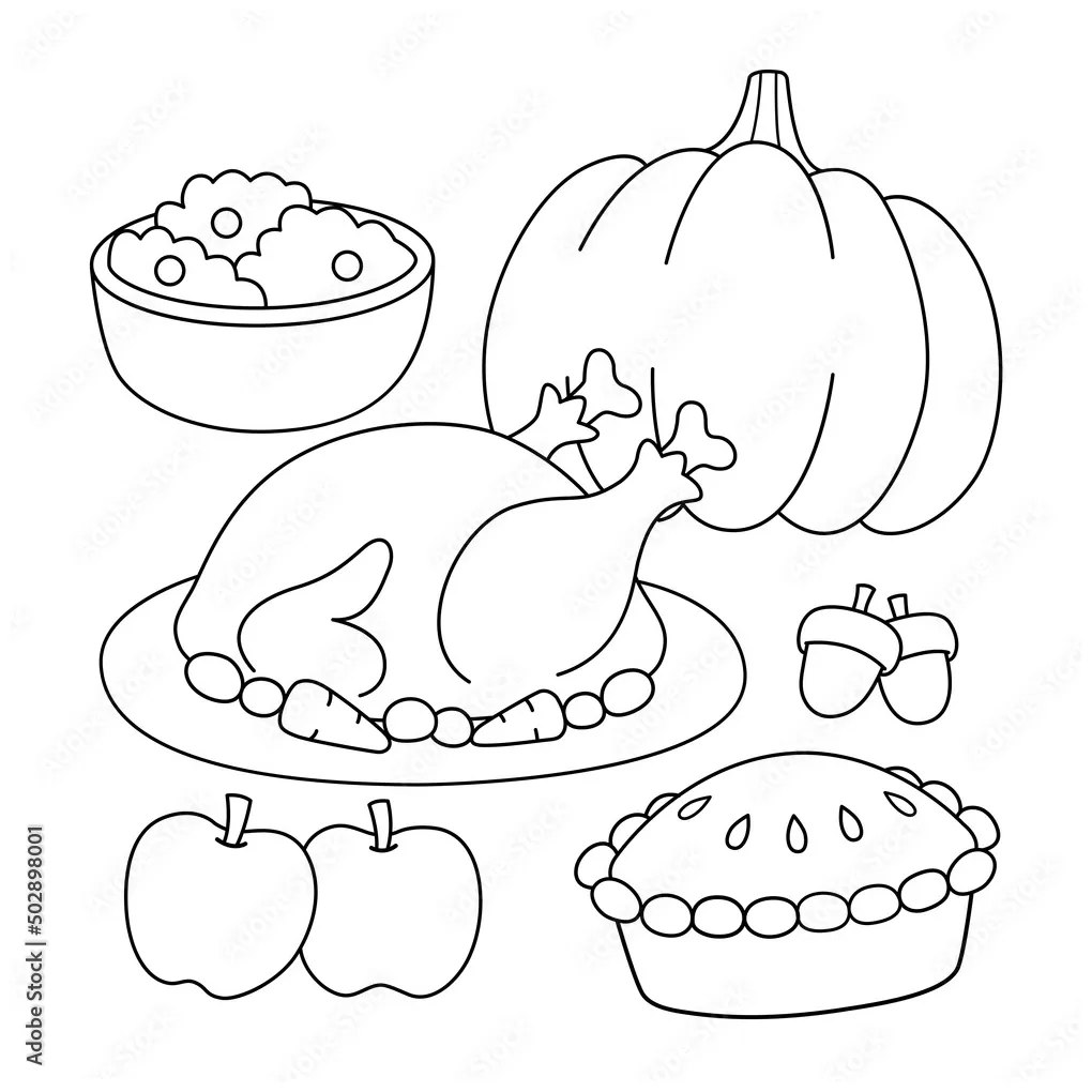 Thanksgiving Feast Coloring Page for Kids Stock Vector | Adobe Stock