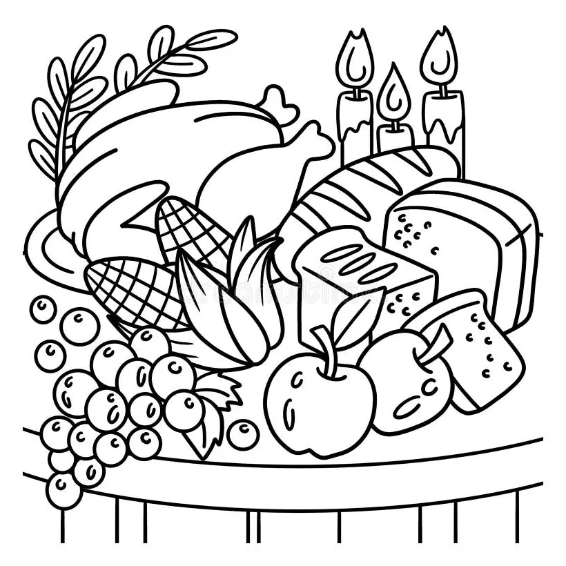 Thanksgiving Feast Coloring Page for Kids Stock Vector - Illustration