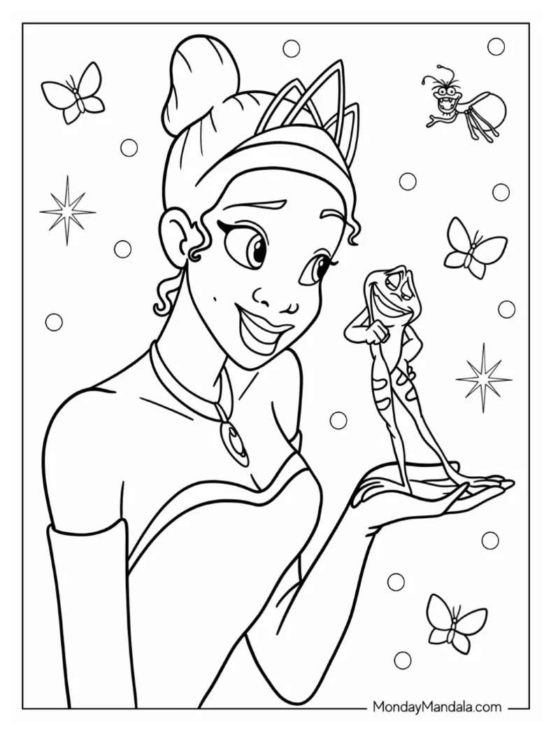 Princess-tiana-smiling-at-frog-prince-naveen-coloring-page pdf printable coloring page