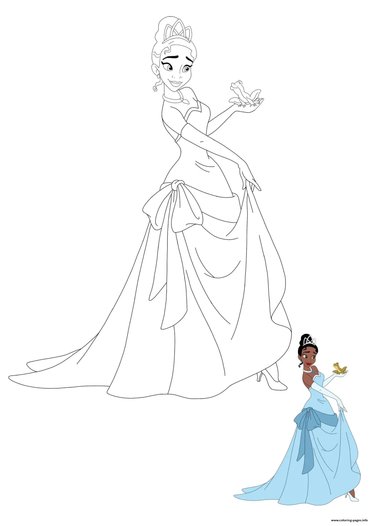 Princess tiana and prince naveen as a frog coloring page printable