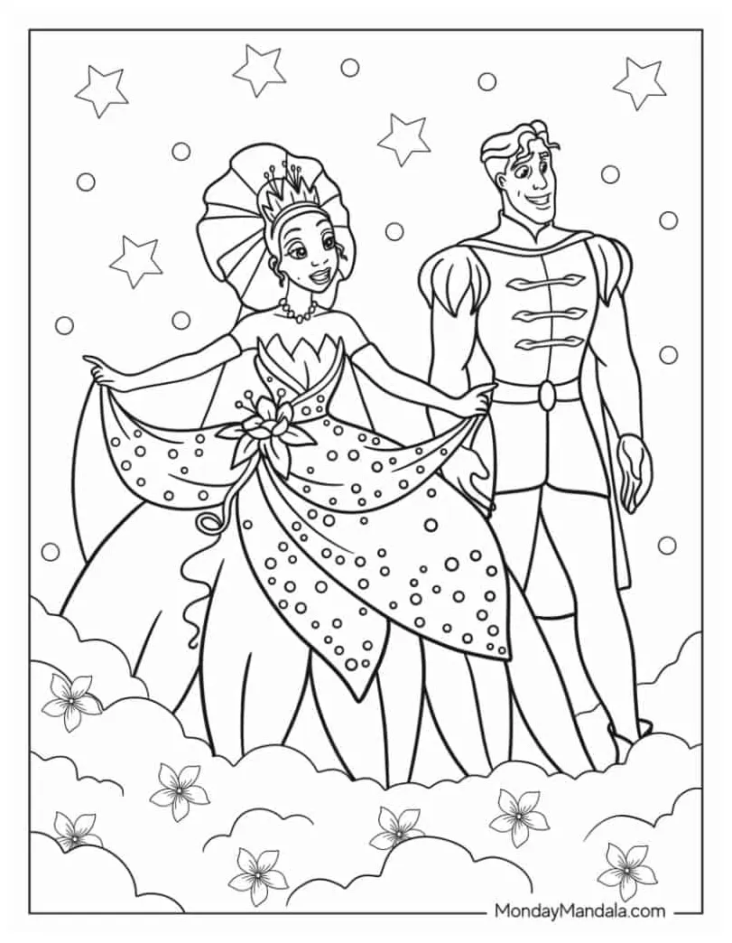 Princess tiana and prince naveen coloring pages 1677 disneyy