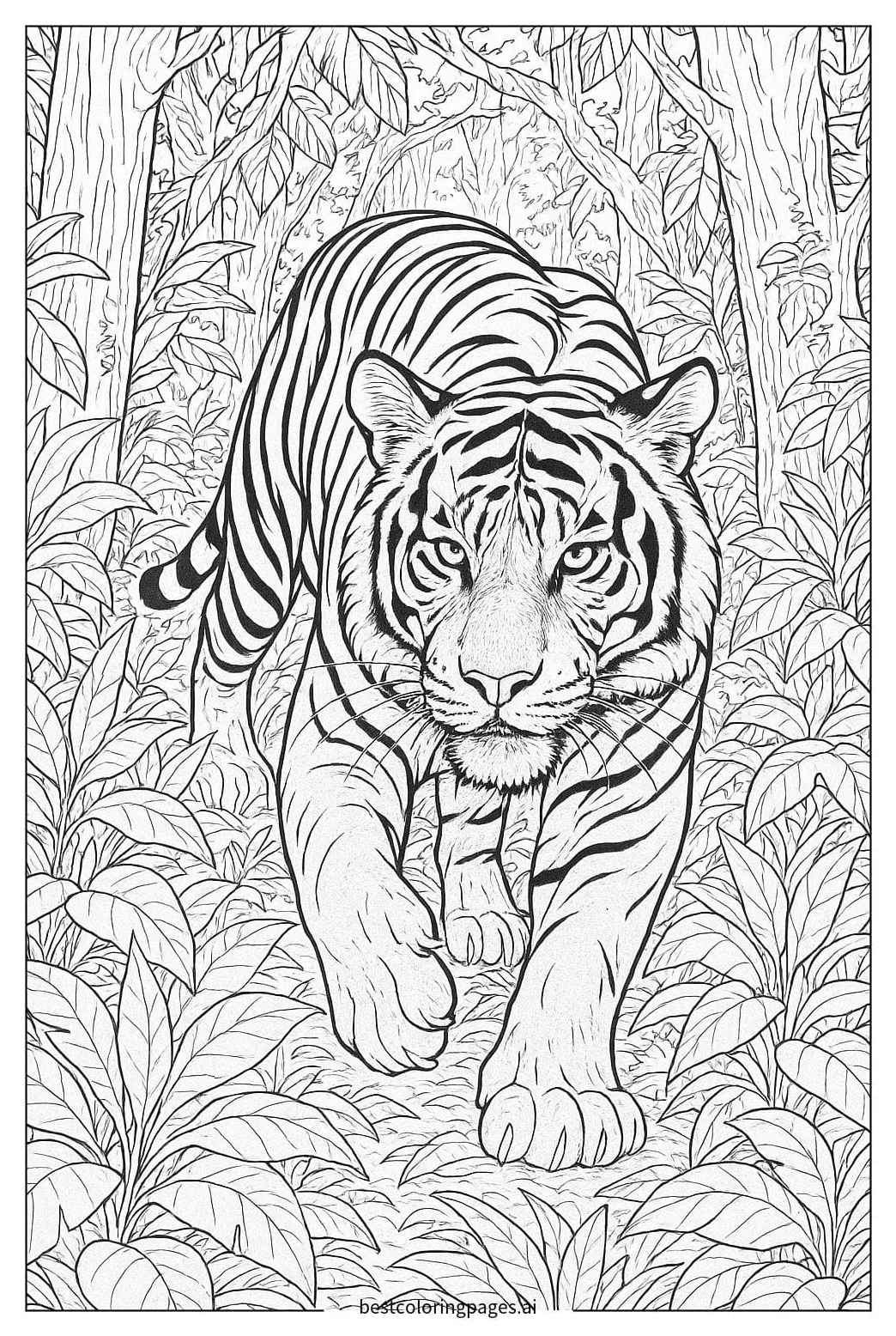 Majestic tiger stalking through a dense jungle coloring page free