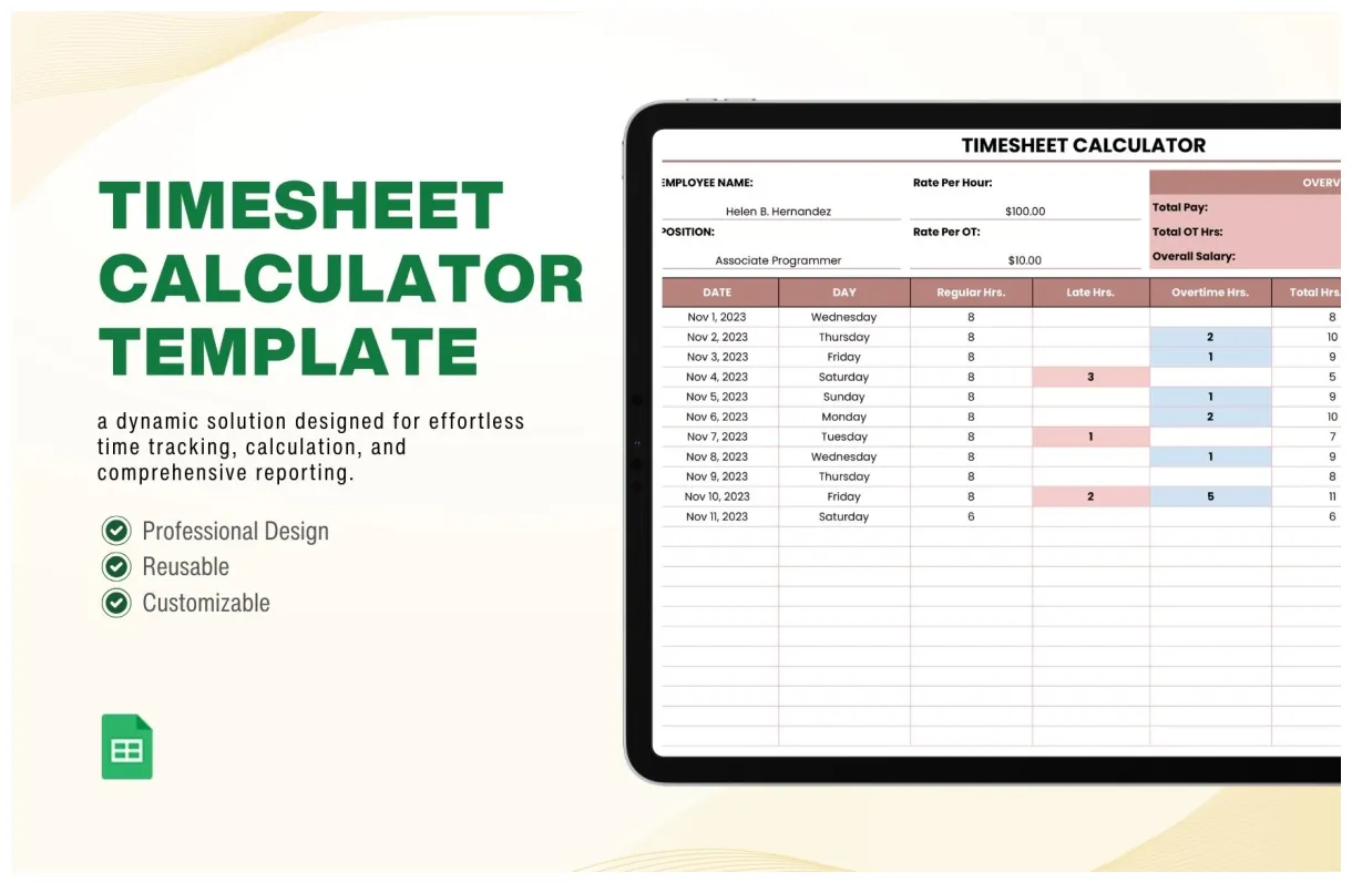 Overtime in excel, google sheets download