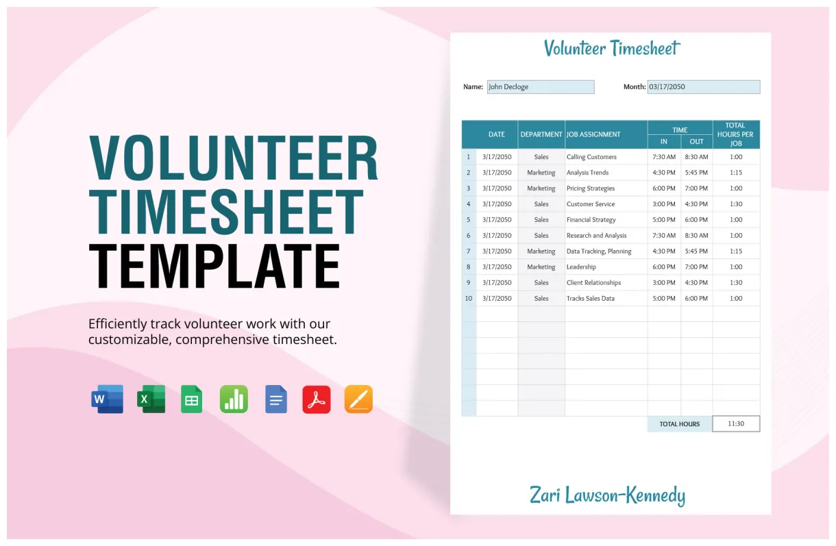 Volunteer in excel, google sheets download