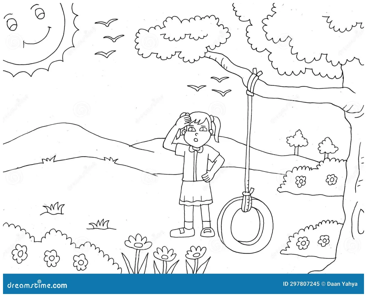 Coloring page of a little girl overheating in front of a tire swing