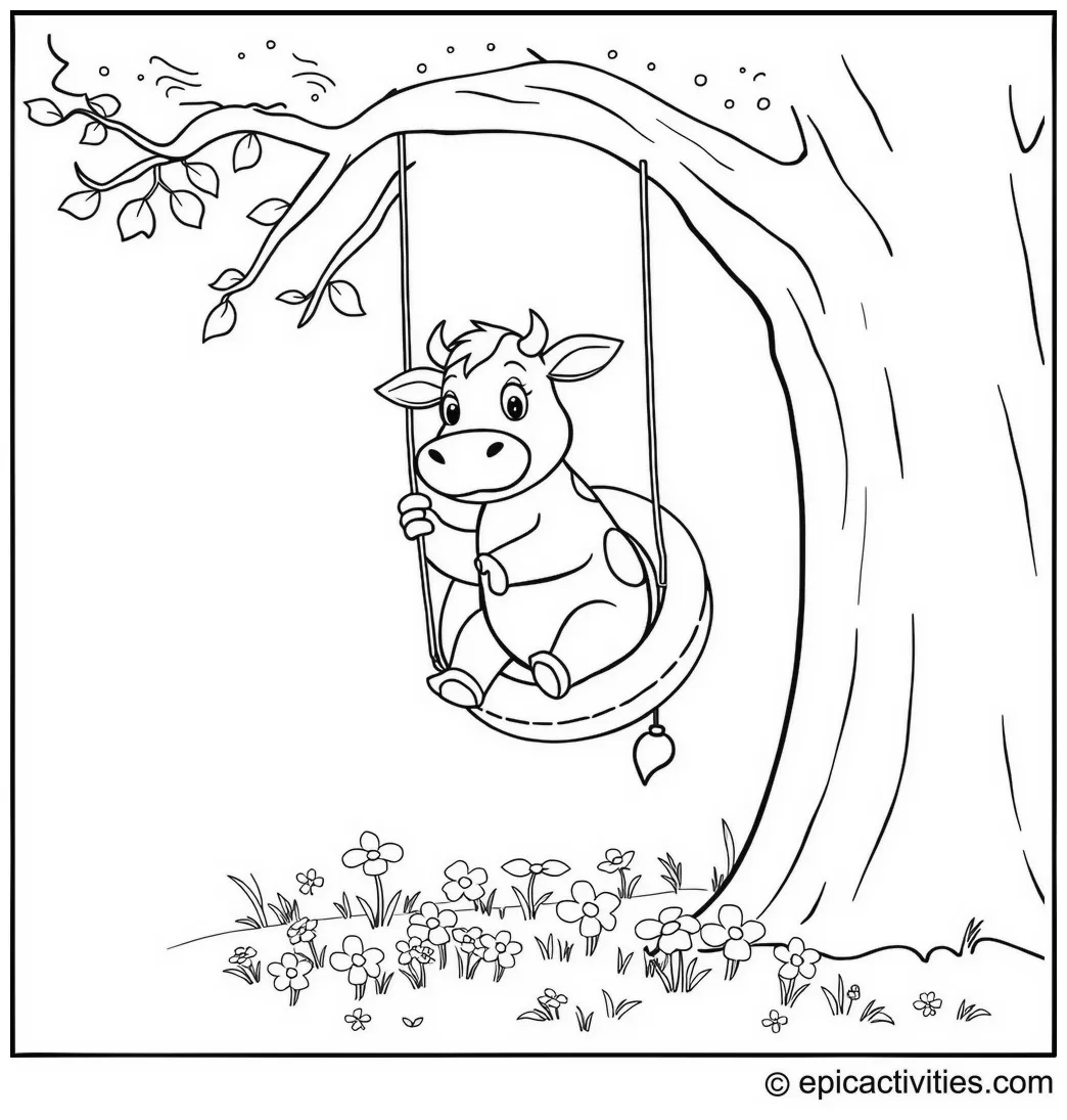 Coloring page of cute cow swinging on a tire swing epicactivities