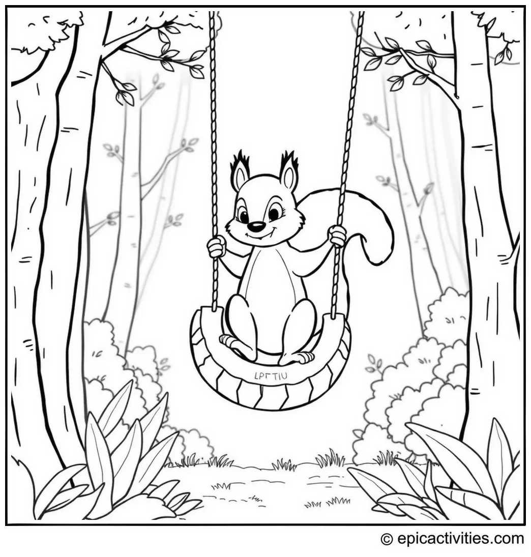 Coloring page of a cute squirrel swinging on a tire swing in a cartoon