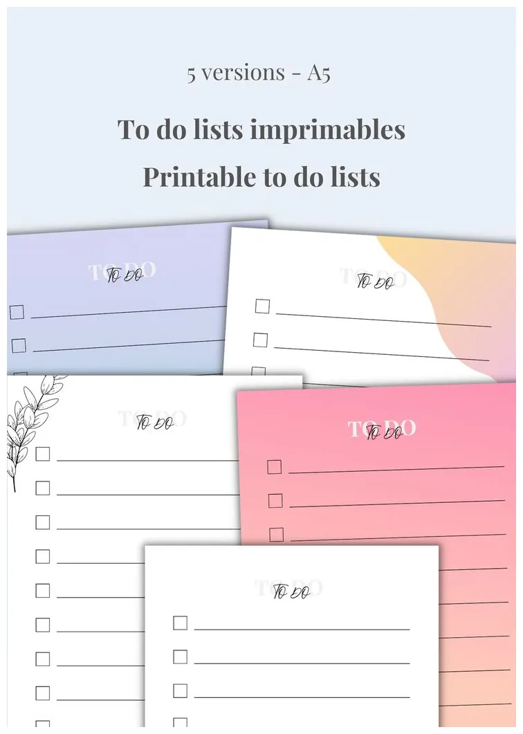 The printable to do list is shown in three different colors and sizes
