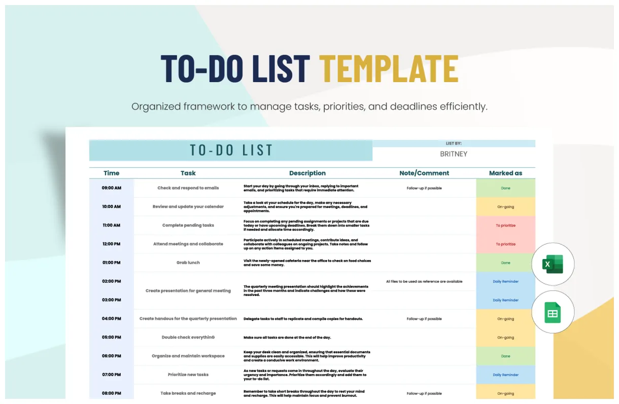 To-Do List Template in Excel, Google Sheets - Download | Template.net