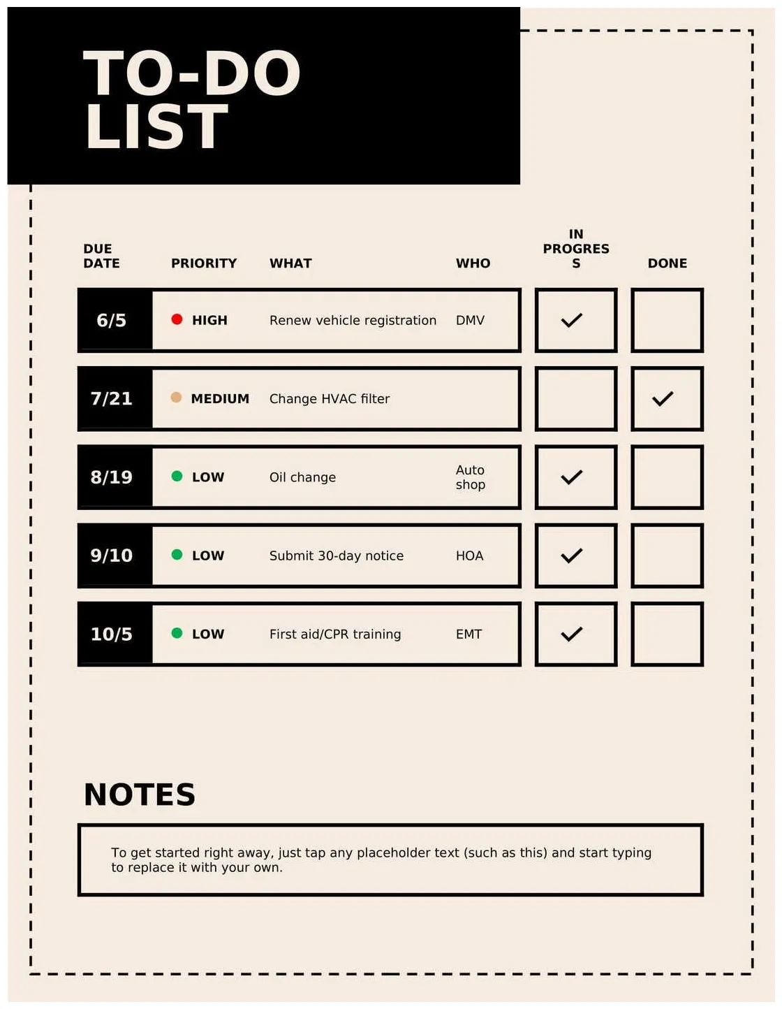 Simple to do list template in word .docx file download