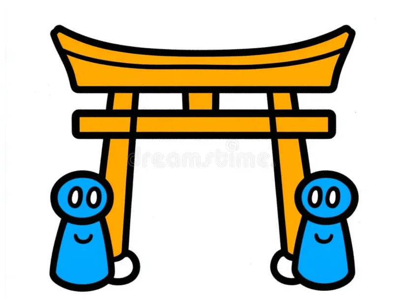 Coloring page featuring a cartoon style japanese torii gate stock