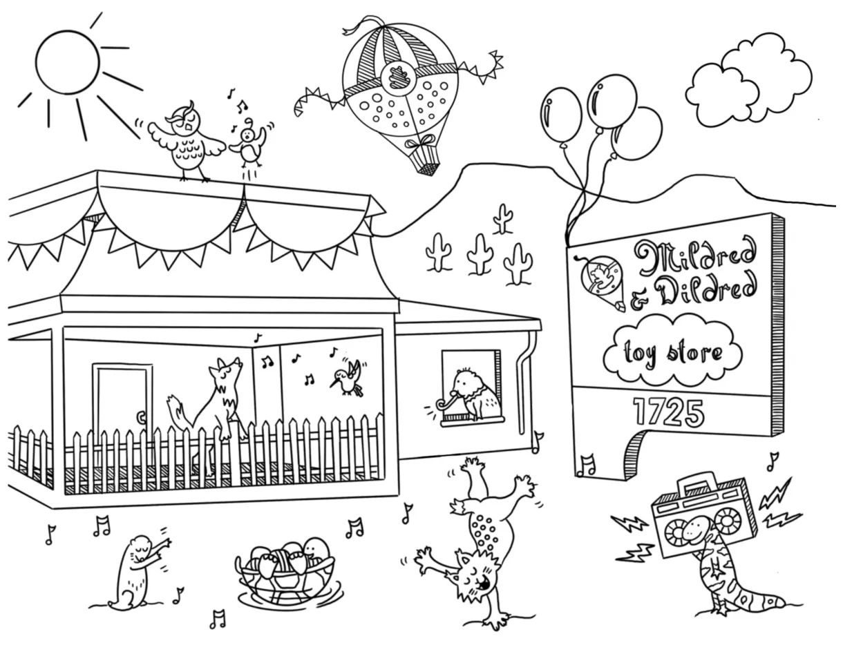 Toy Store Grand Opening Coloring Page - Mildred & Dildred