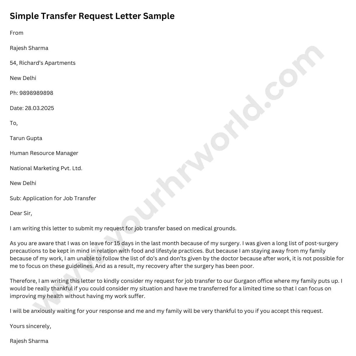 Request for transfer letter examples and