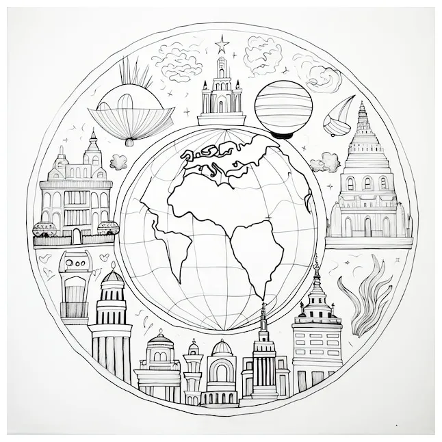 Black and white coloring picture of a magical travel globe premium ai