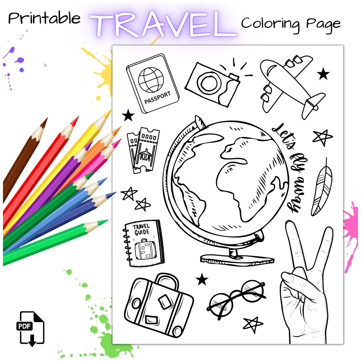 Printable travel coloring page, vacation coloring page for kids and