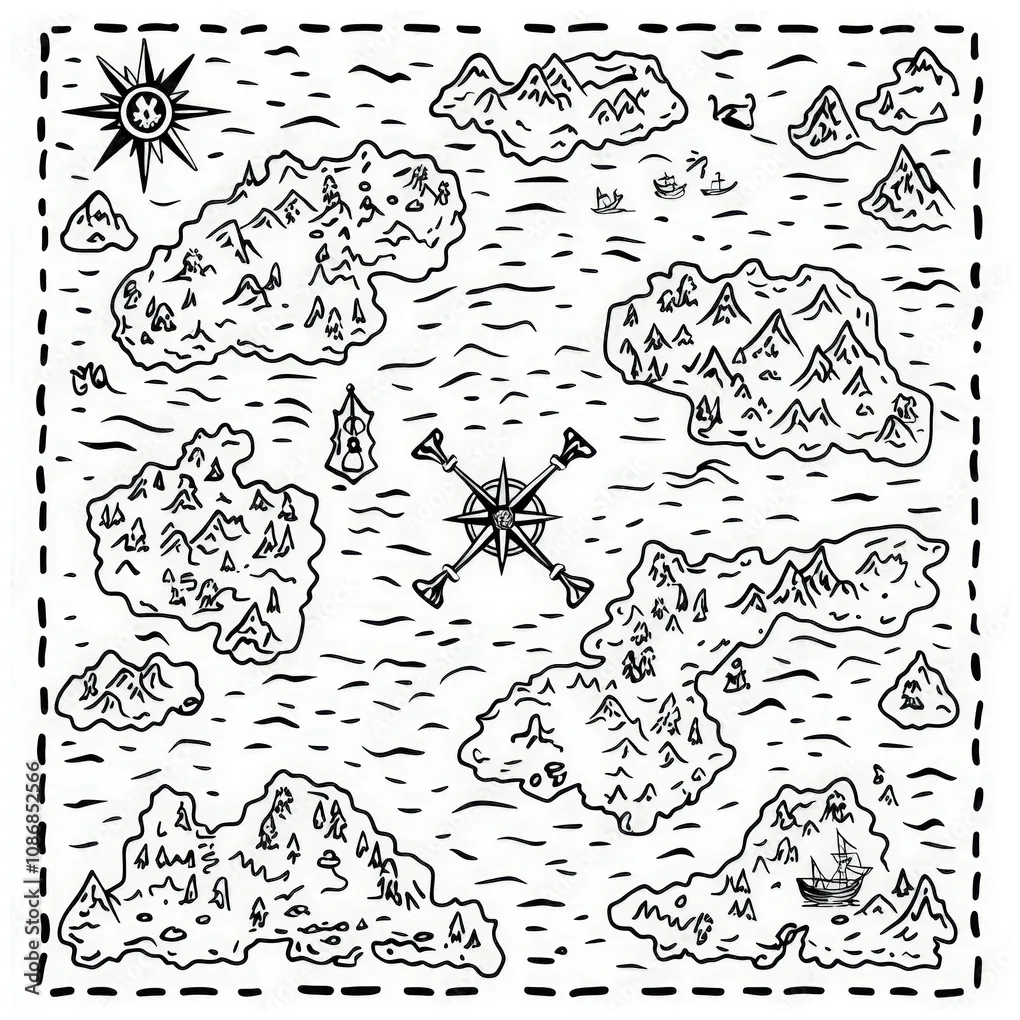 A pirate-themed treasure map with x marks the spot, coloring page for