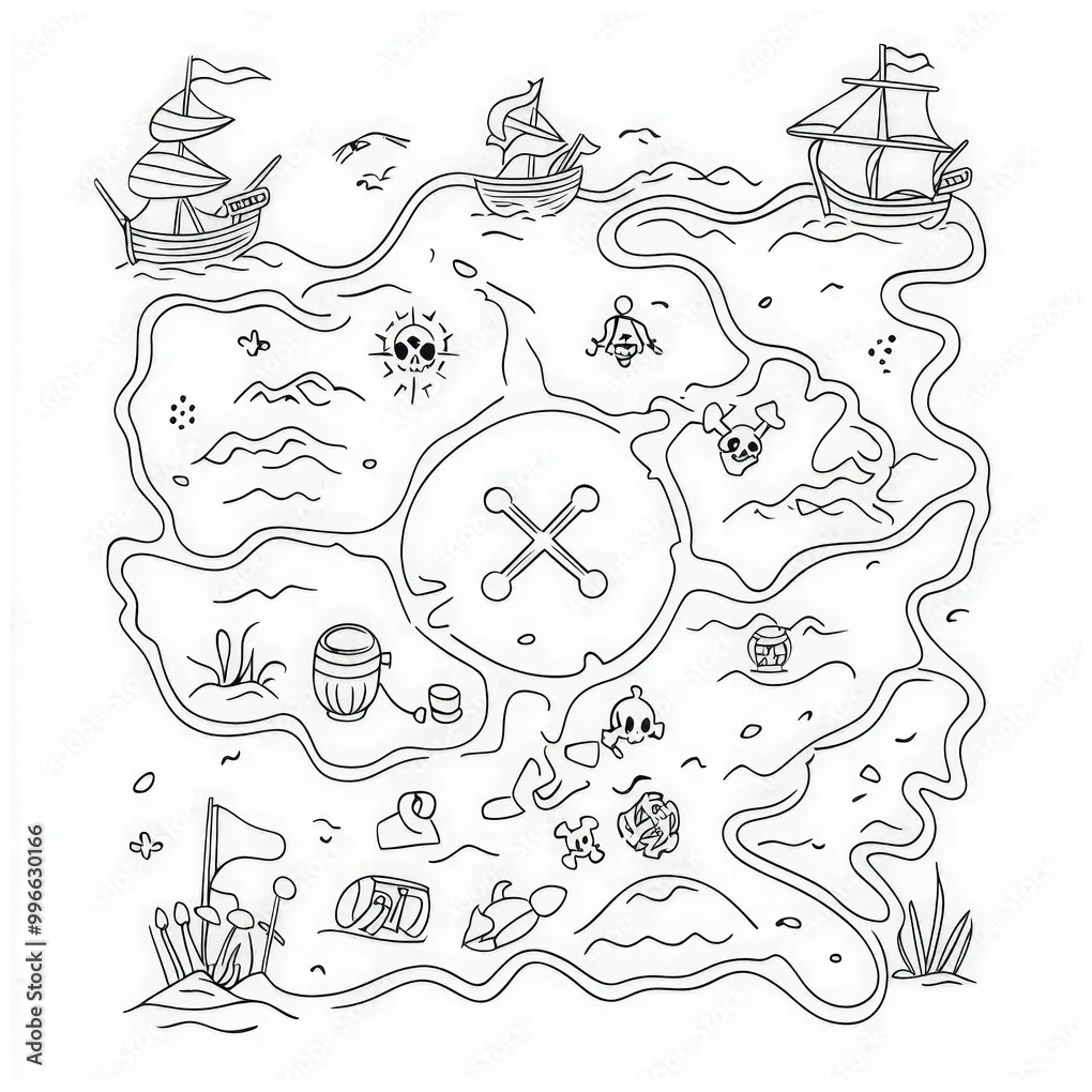 A pirate-themed treasure map with x marks the spot, coloring page for