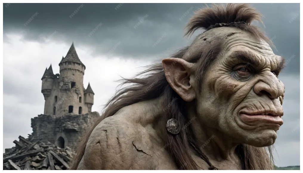 Premium Photo | Scary troll in front of an old ruined castle