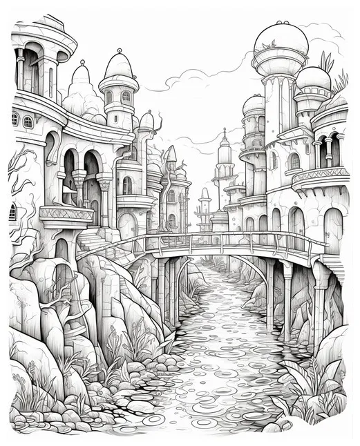 Underwater city hand drawn coloring page premium ai-generated