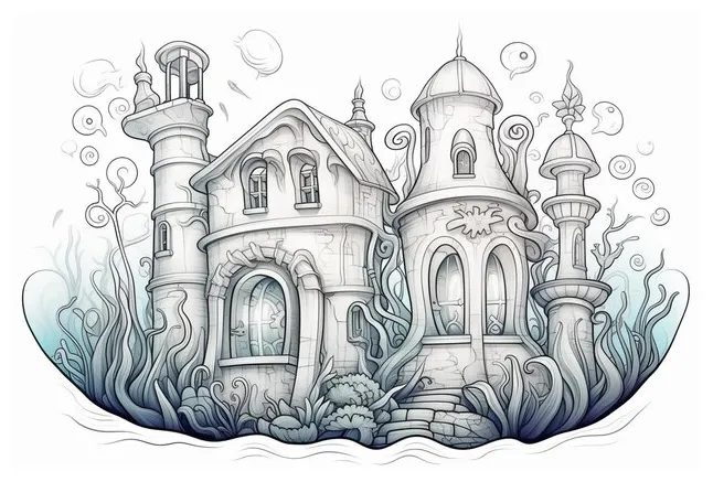 Underwater fantasy city coloring page illustration premium ai
