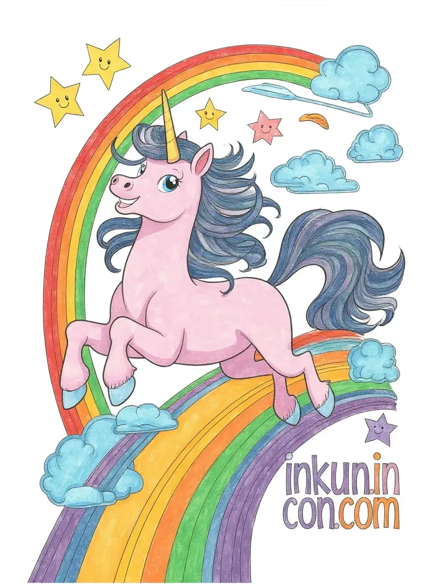 Unicorn galloping through rainbows coloring page ink unicorn